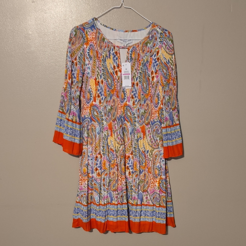 Emma & Michele Dress Women M White Pink Shift Ruffled Floral Summer‎ Lined Zip